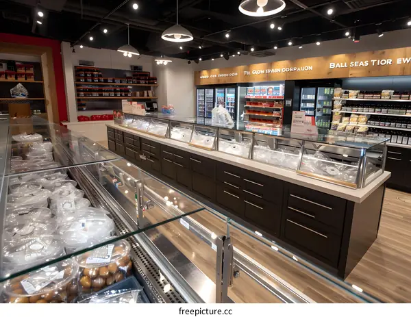 Modern Grocery Store Interior with Glass Display Cases