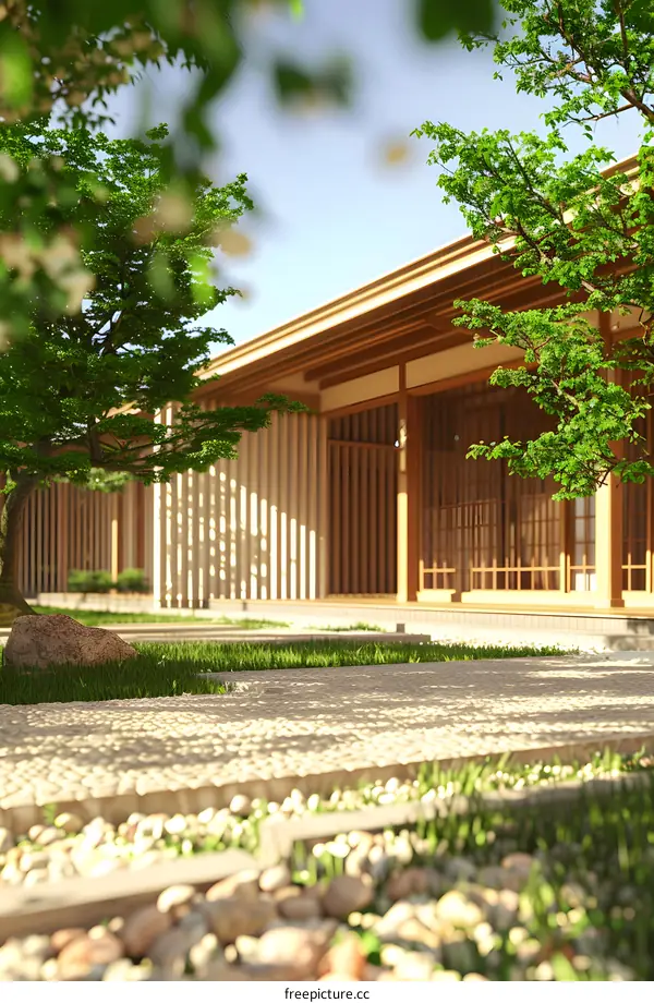 Zen Garden with Wooden House and Trees