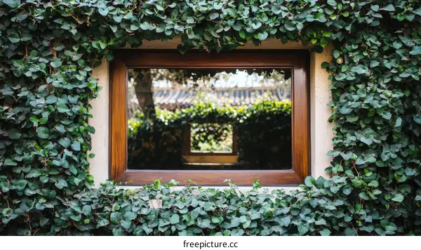 Wooden window framed by green climbing plants