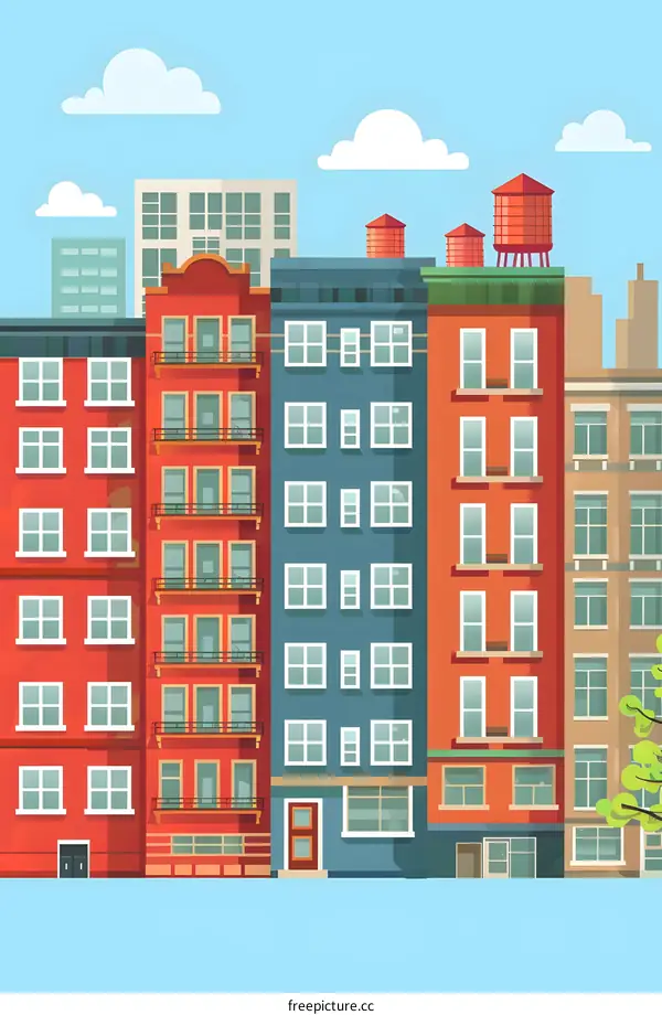 Cityscape Illustration with Colorful Buildings and Water Towers