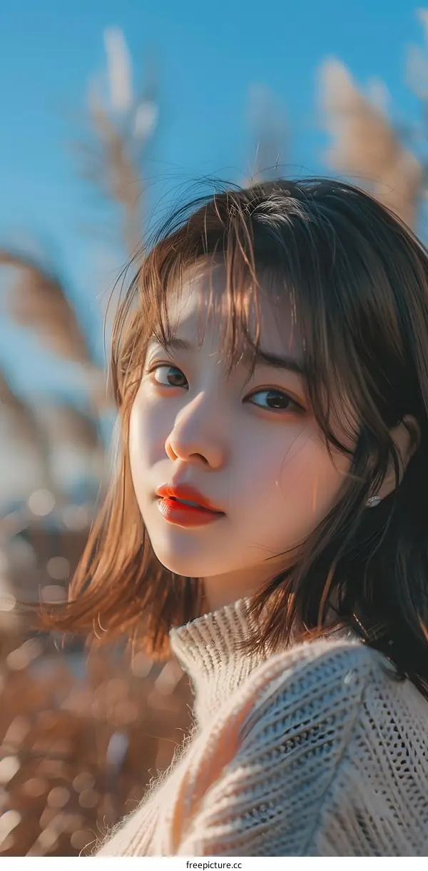 Close Up Portrait of a Young Asian Woman Wearing a Knit Sweater