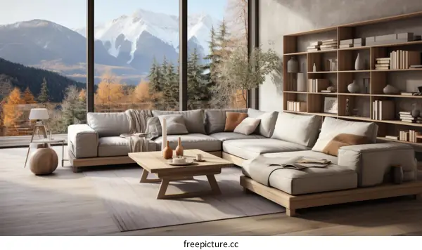 A modern living room with a large windows and a beautiful mountain view