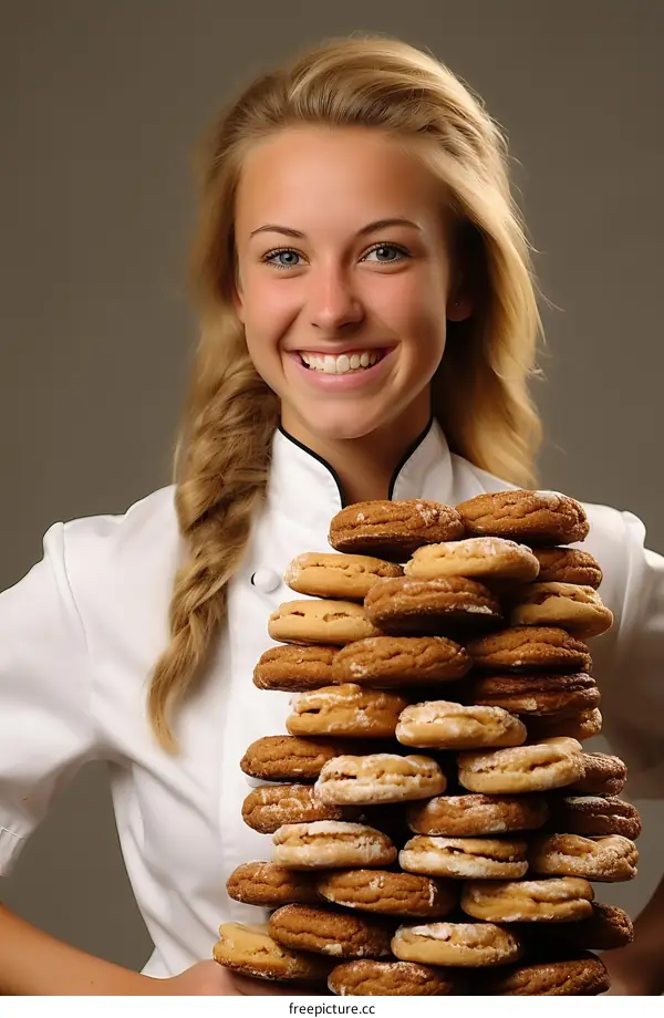 Portrait of a smiling young female chef holding a stack of cookies