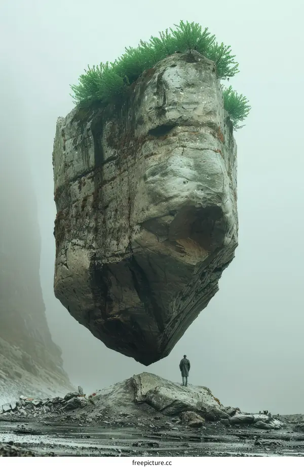 Man standing under floating rock with plants on top