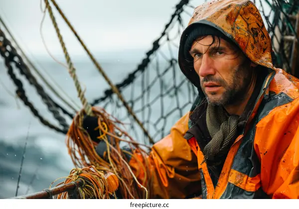 Portrait of a fisherman in a yellow raincoat