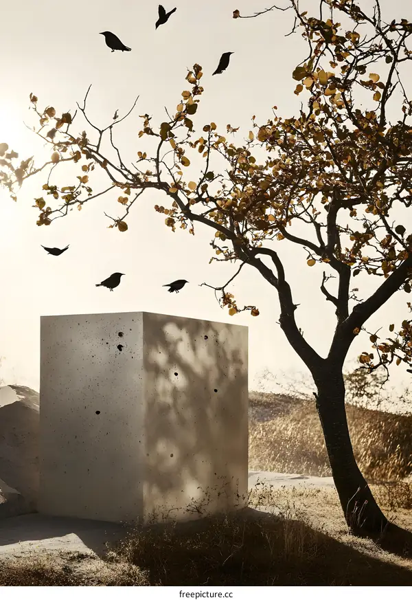 Concrete Block and Birds in a Field
