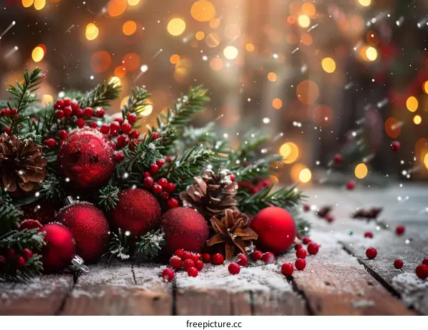 Christmas decoration with red balls and pine cones