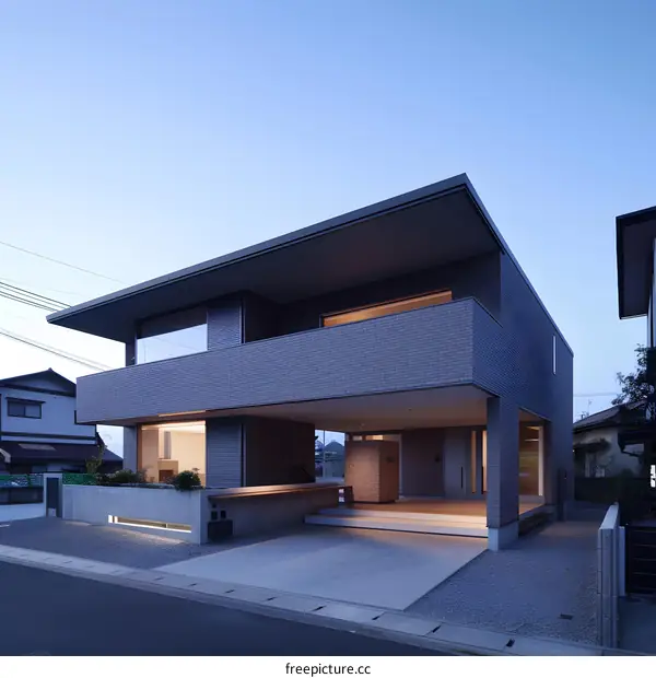 Modern Home Exterior Design with Brick Walls and Overhanging Roof