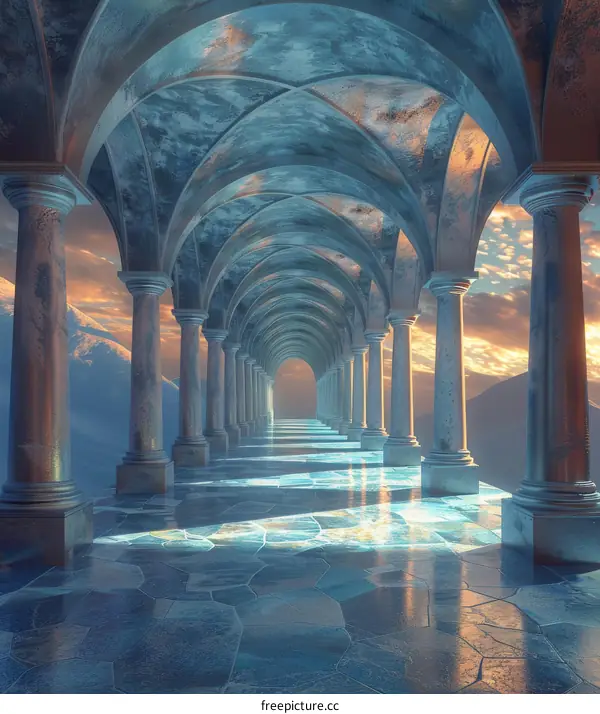 Fantasy Palace Corridor with Marble Floor and Sunset Sky