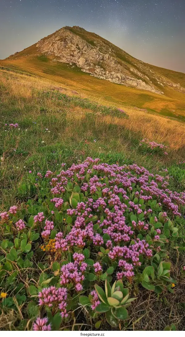 Mountain Meadow with Purple Flowers Under a Starry Sky