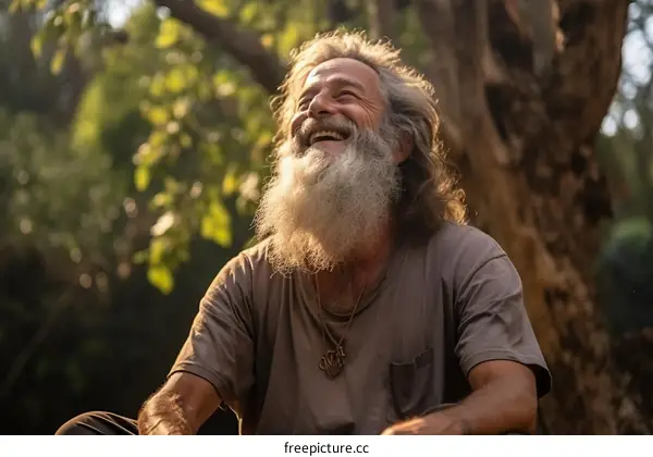 An old man with a long white beard is sitting in the forest and laughing