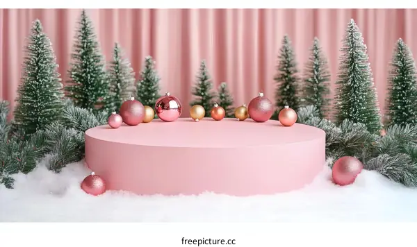 Pink Christmas Scene with Ornaments and Trees