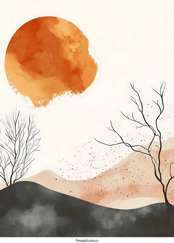 Minimalist Watercolor Landscape with Orange Sun and Bare Trees