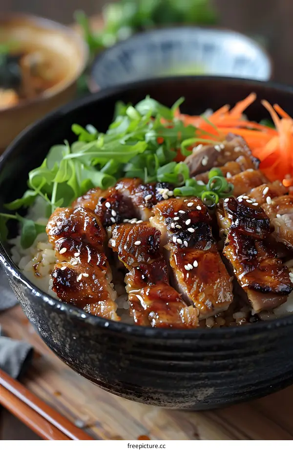 Unagi Donburi with Carrot and Arugula Salad