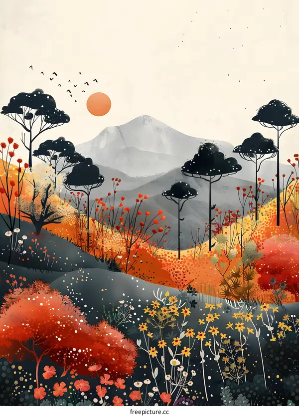 Autumn Landscape Painting with Orange Sunset and Trees