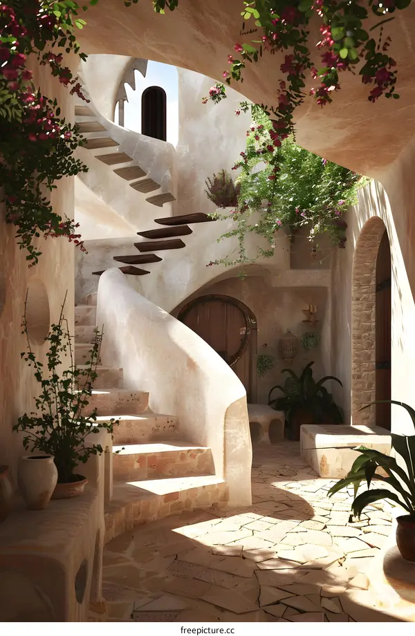 Stone Steps and Arches Leading to Courtyard in Desert