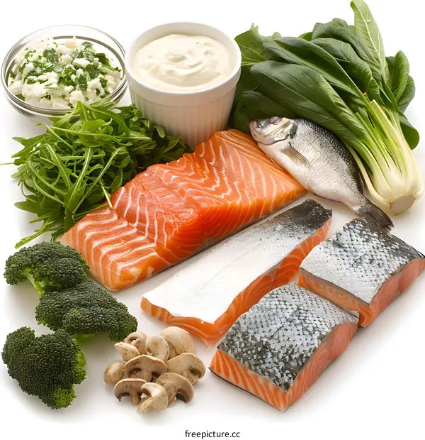 Various types of fish and other healthy food