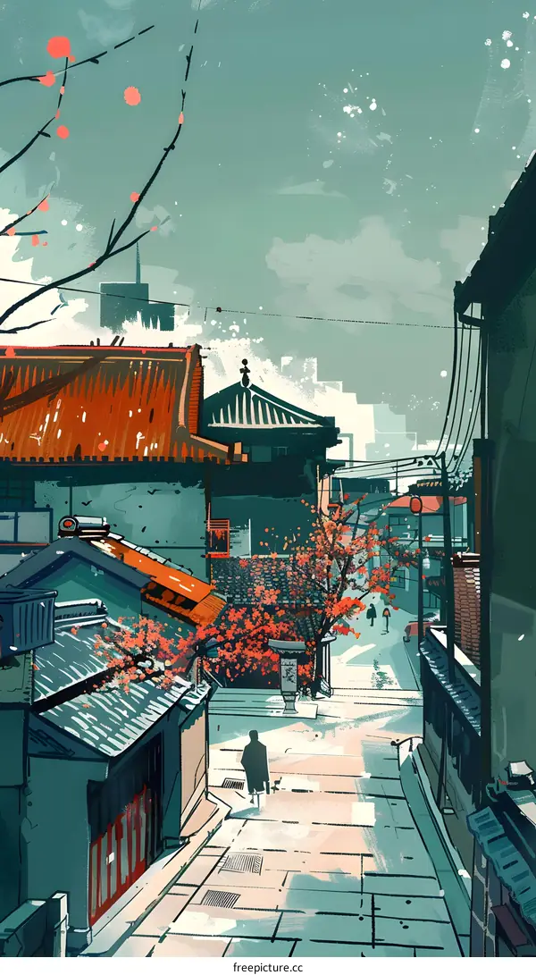 Asian City Street Illustration With Single Person Walking Away