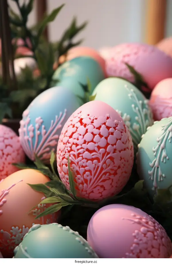 A beautiful image of Easter eggs in a basket with a pink background