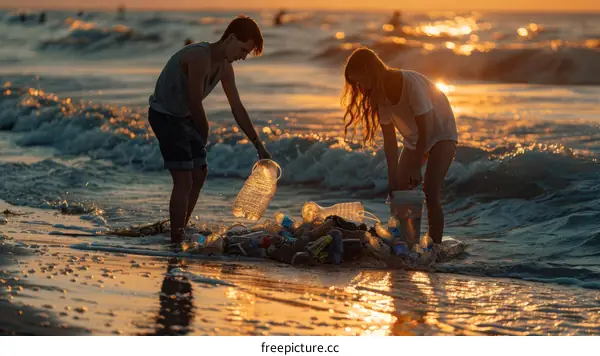 Beach Cleanup at Sunset with Two People