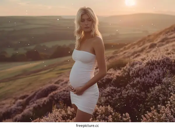 Pregnant woman standing in a field of flowers at sunset