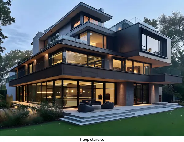 Modern Luxury Home Exterior With Large Windows And Patio
