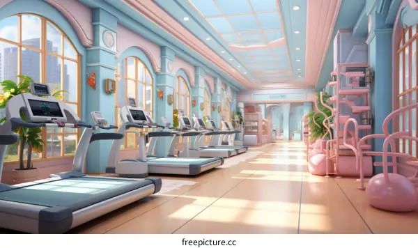 A pastel colored illustration of a gym