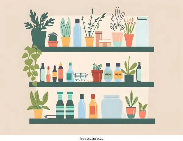 Illustrated Shelf with Plants and Bottles
