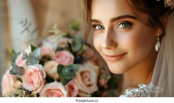 Beautiful bride with a bouquet of roses