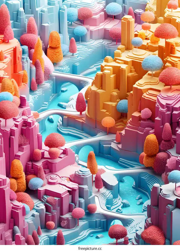 Abstract Colorful Landscape with Mountains, Trees and Rivers