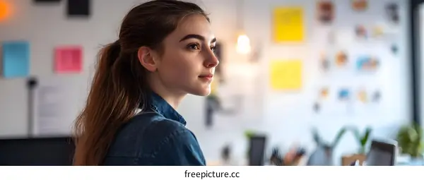 Young Woman in Office Thinking While Looking Away