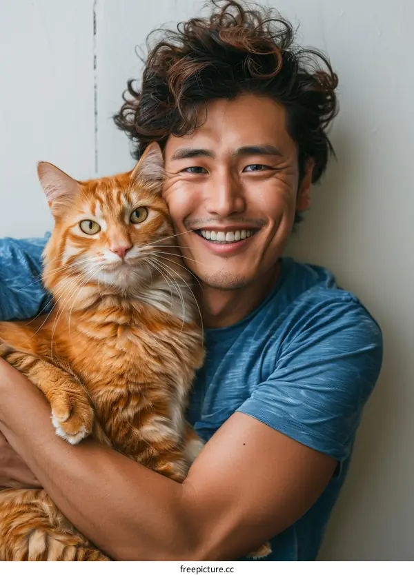 A smiling man with curly hair is hugging an orange cat