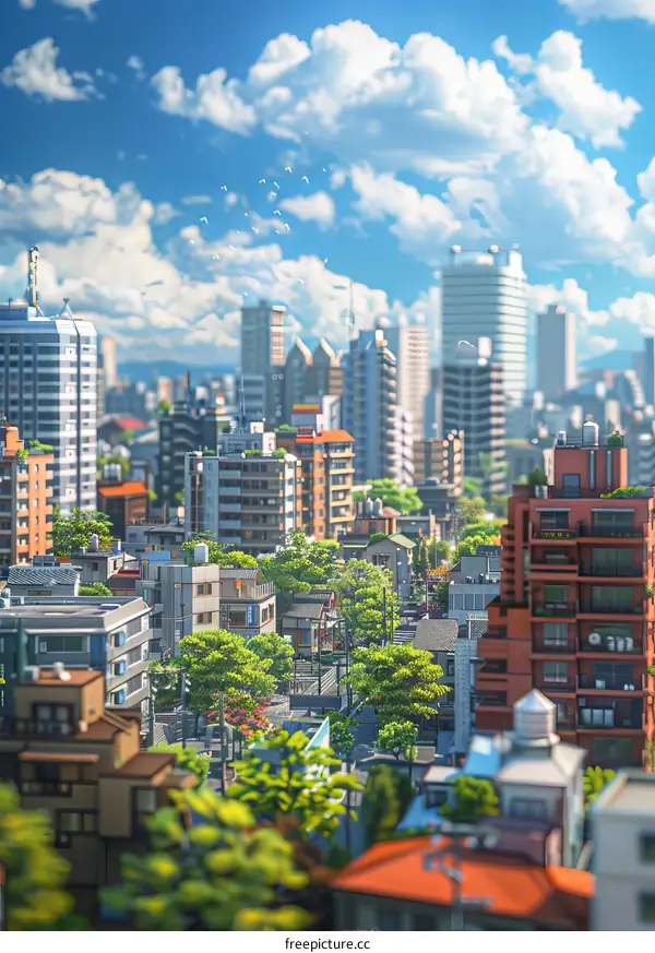 Cityscape Illustration with Sunny Sky and Buildings