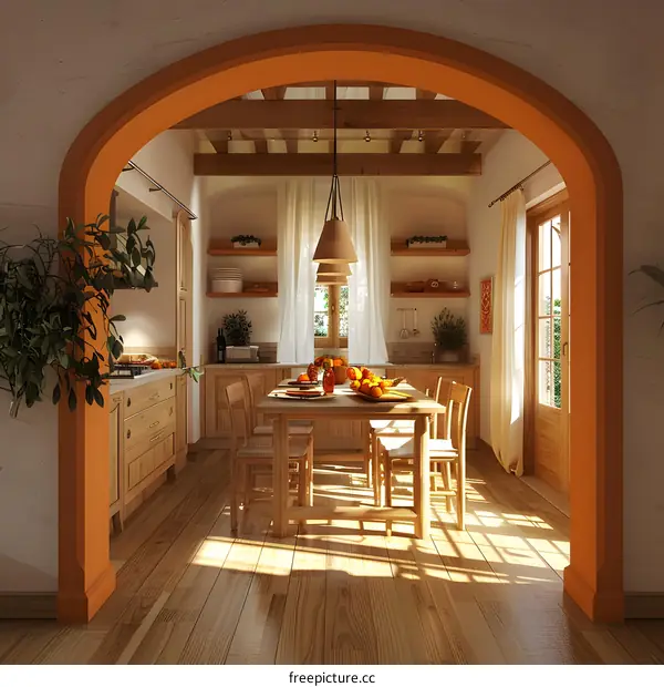 An archway leads to a dining room with a table and chairs