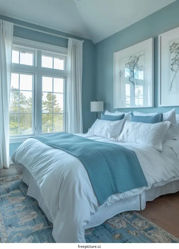 Blue and white bedroom overlooking the forest