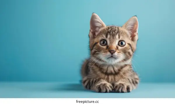 A cute tabby kitten sits on a blue background
