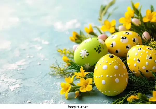 Easter Eggs with Flowers on Light Blue Background