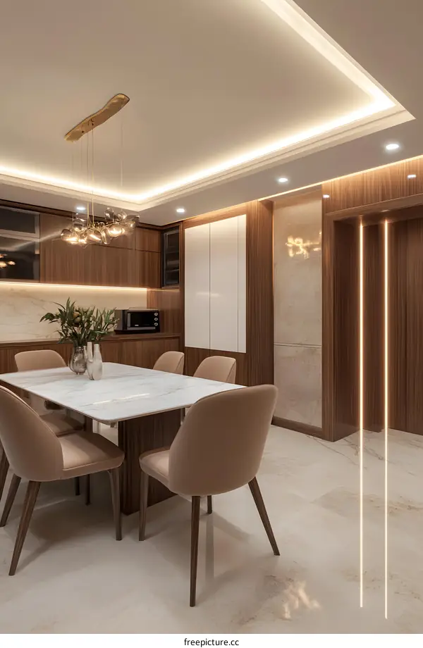 Modern Dining Room Interior Design with White Marble Table and Wooden Chairs