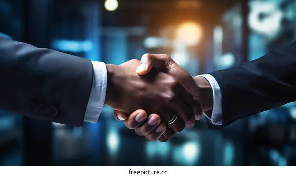 Businessmen of African descent shaking hands in agreement with blurred background