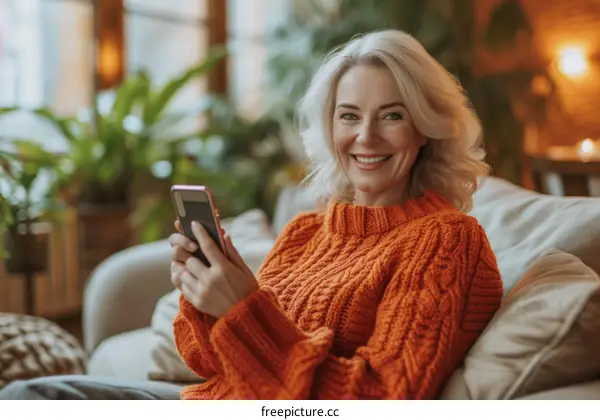 Smiling mature woman using smartphone at home