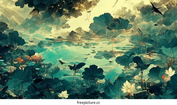 Fantasy landscape with lotuses and flying birds