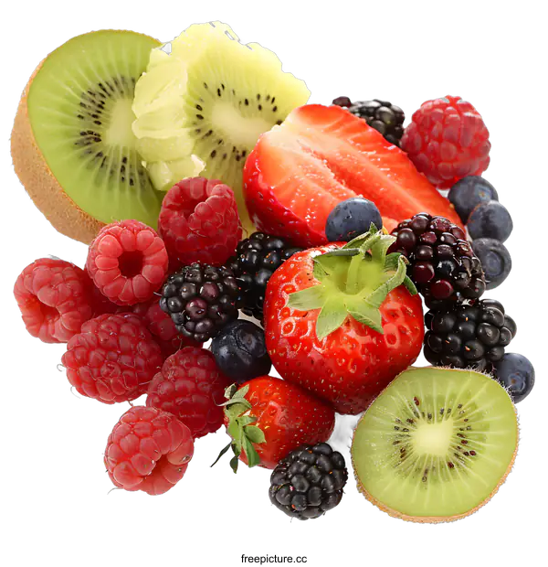 [Transparent Background PNG]Fresh Mixed Berries and Kiwi Slices Isolated on White Background
