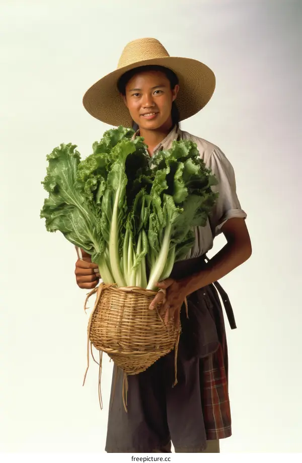 A woman wearing a straw hat and holding a basket of vegetables