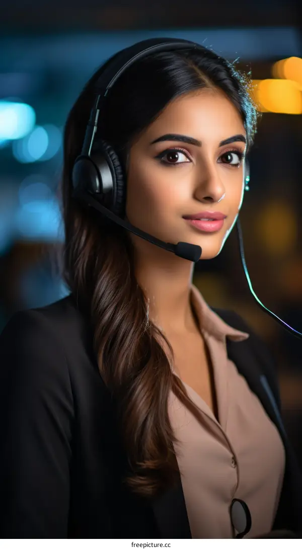 Portrait of a beautiful Indian woman wearing a headset