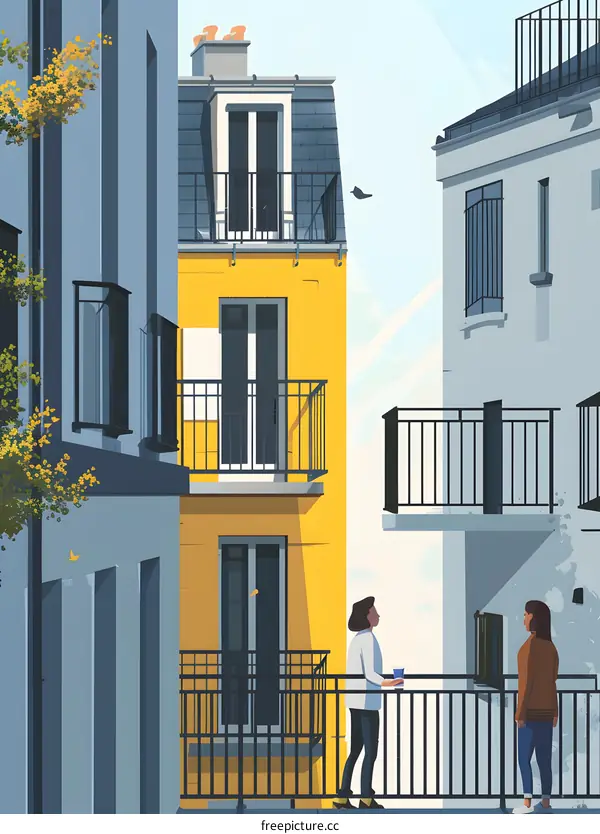 Two People Talking on Balconies of Apartment Buildings