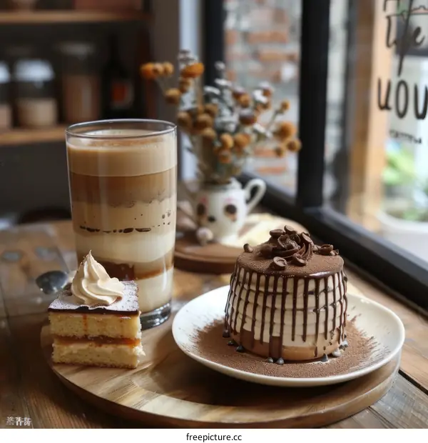 Iced coffee and chocolate cake on a wooden table