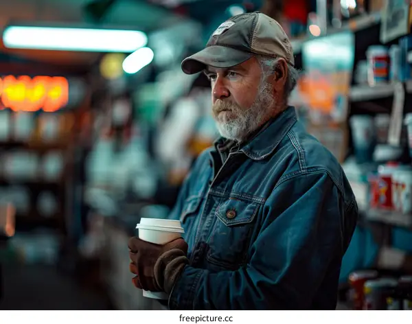 A man in a blue denim jacket and a gray cap is drinking coffee in a convenience store.