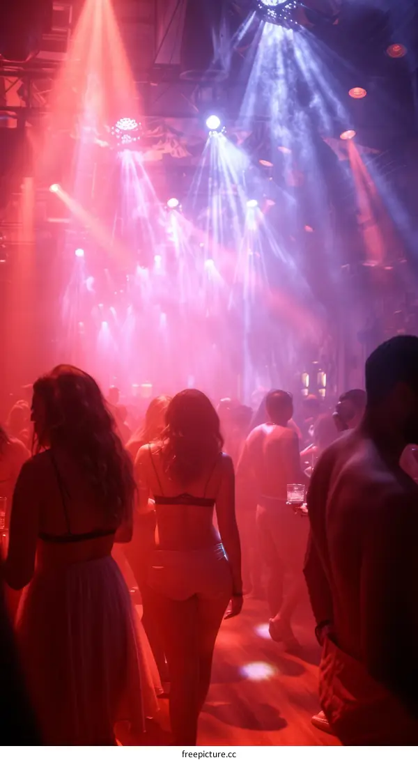 Nightclub with people dancing and colorful lights