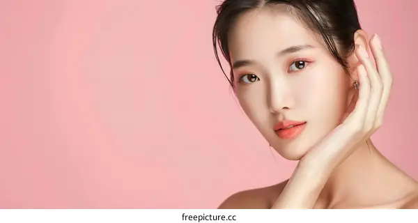 Beautiful Asian Woman with Smooth Skin on Pink Background