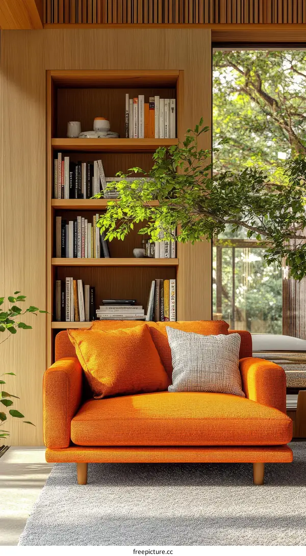 Modern Living Room with Orange Sofa and Wooden Bookshelf